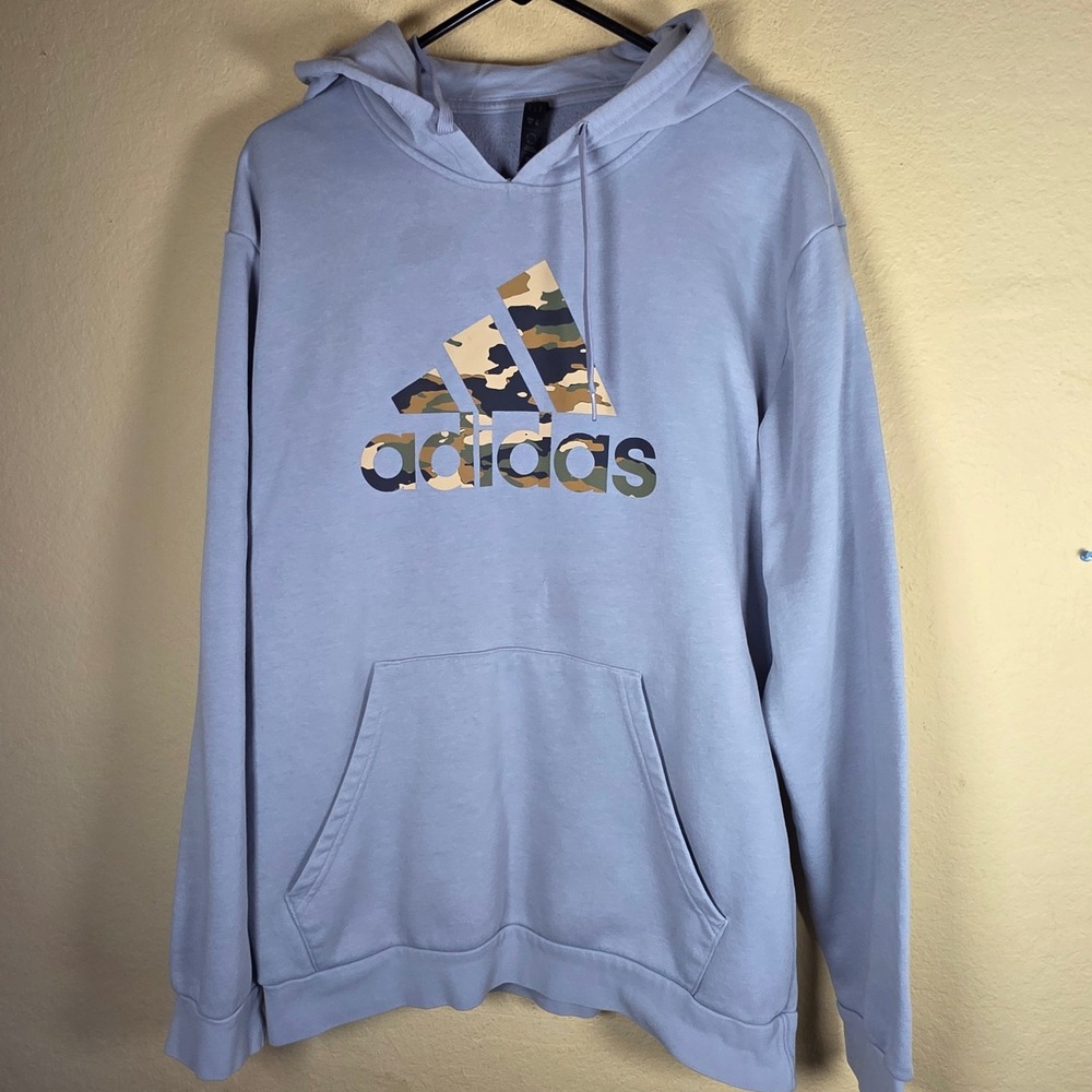Adidas Mens Camo Logo Pullover Hoodie Light Blue L Athleisure comfort gorpcore